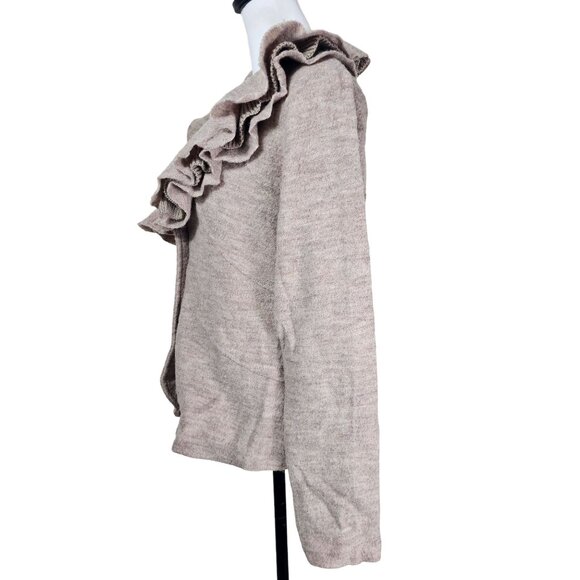 Renuar Boiled Wool Cardigan Sweater M Beige Ruffle Collar Office Minimalist - Picture 2 of 12